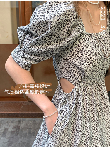 French first love square neck dress female summer high waist hollow out bandage thin and slightly fat Bubble Sleeve Chiffon Floral Dress