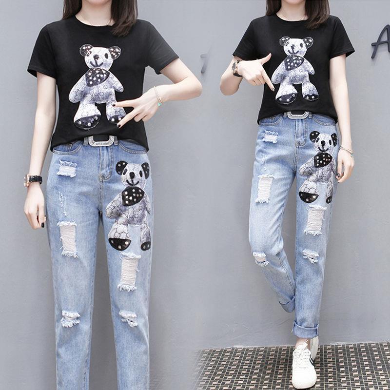 Net red same summer new cartoon T-shirt, short sleeve top + holed jeans, nine point suit