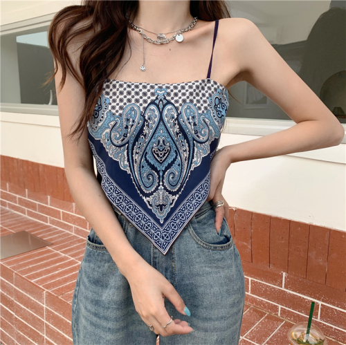 Retro print stitching short belly Pocket Vest for women 2021 new slim and navel revealing knitted suspender