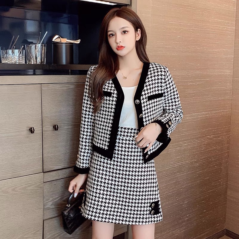 Knitwear two-piece set new Korean thousand bird grid splicing short coat slim skirt slim suit