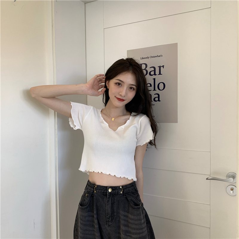 Real photo real price summer short top design sense V-neck short sleeve T-shirt short sleeve T-shirt with ear