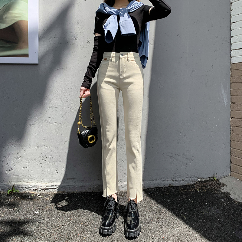 Real shooting split jeans women's autumn 2021 high waist straight tube loose chic thin high nine point pipe pants