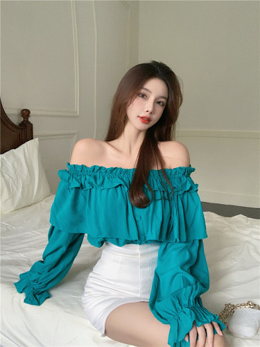 Real shot early autumn Long Sleeve Ruffle T-shirt off shoulder slim fit off back women's blouse