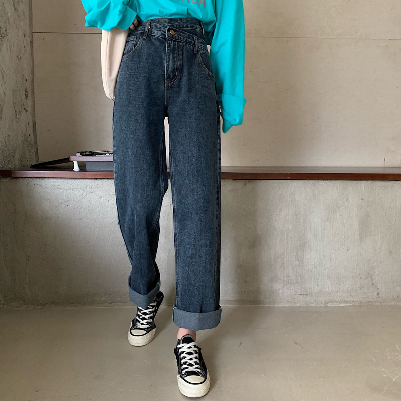 Real price Korean style personality irregular waist head gas high waist thin denim pants