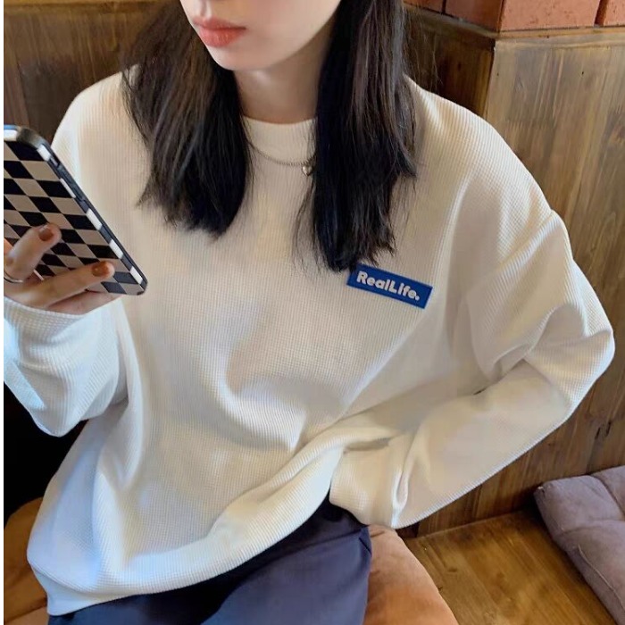 Waffle label sweater women's long sleeve solid color autumn thin style versatile loose and thin short lovers' top