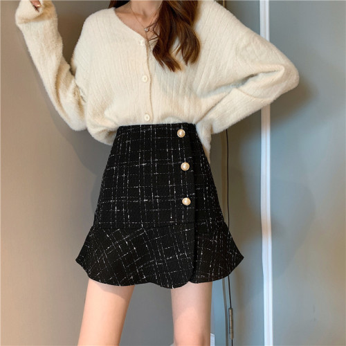 Real price small fragrance lattice skirt for women in autumn and winter high waist A-shaped Hip Wrap Skirt with ruffled fishtail skirt