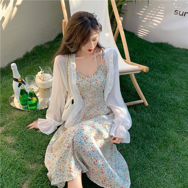 Gentle lady floral suspender skirt trumpet sleeve solid color sunscreen clothes chiffon shirt two piece set real price