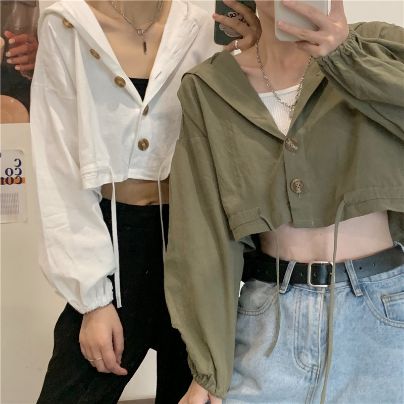 Real design close waist drawstring open navel short girl hooded long sleeve coat