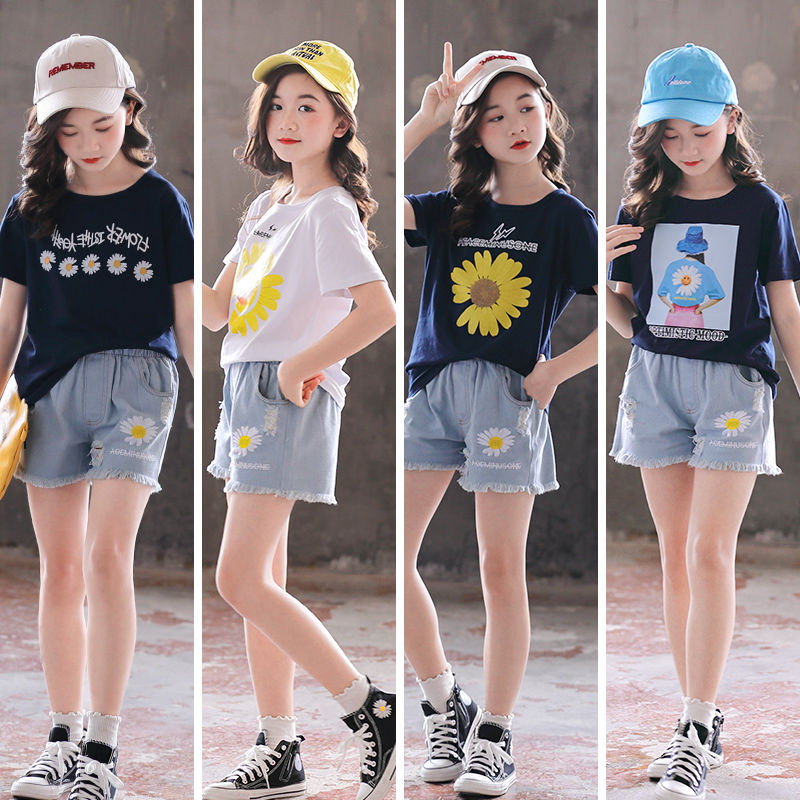 Girls set 2020 new summer net red fashion children's jeans shorts short sleeve two piece set
