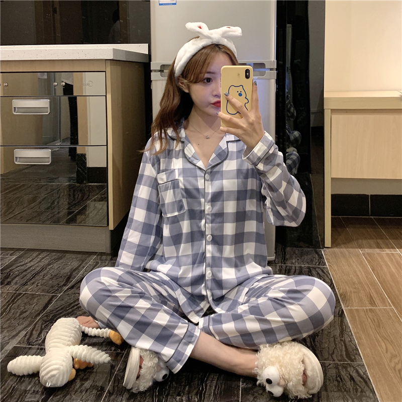 Real shooting pajamas women's autumn new long sleeve lattice suit fashion two-piece set