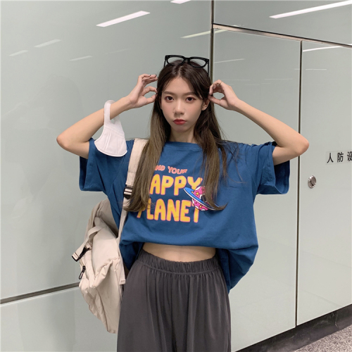 Korean new fashion loose and versatile medium and long printed letter round neck short sleeve t-shirt female student