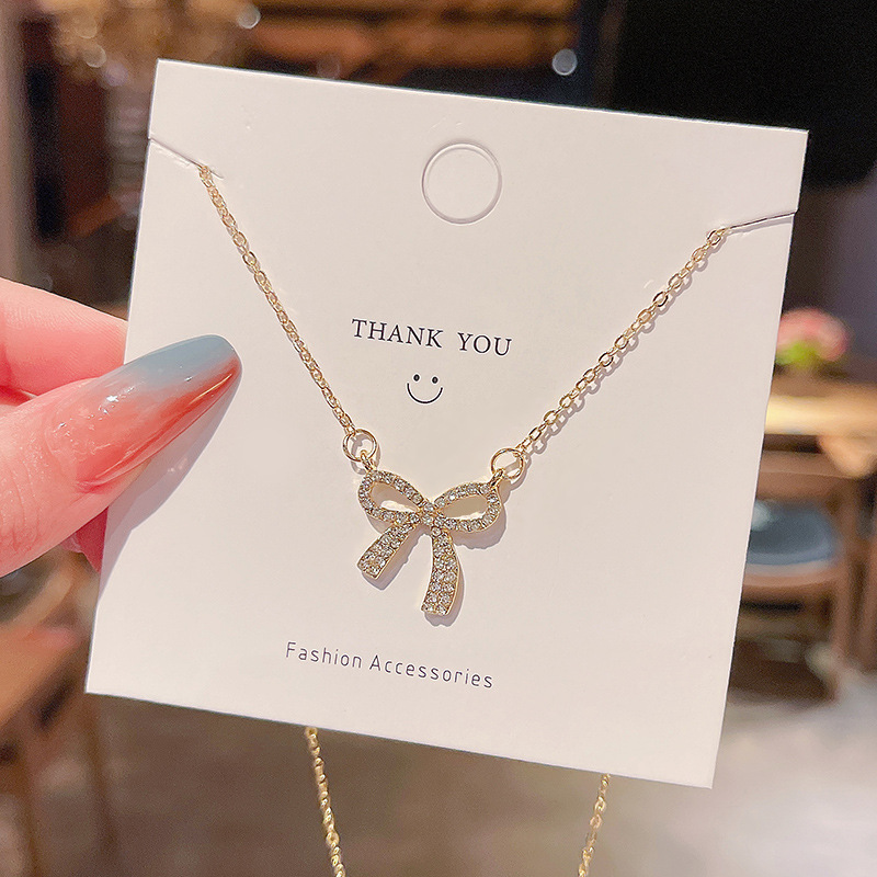 Real shot ins fashion geometric bow Diamond Pendant Necklace feminine simple clavicle chain