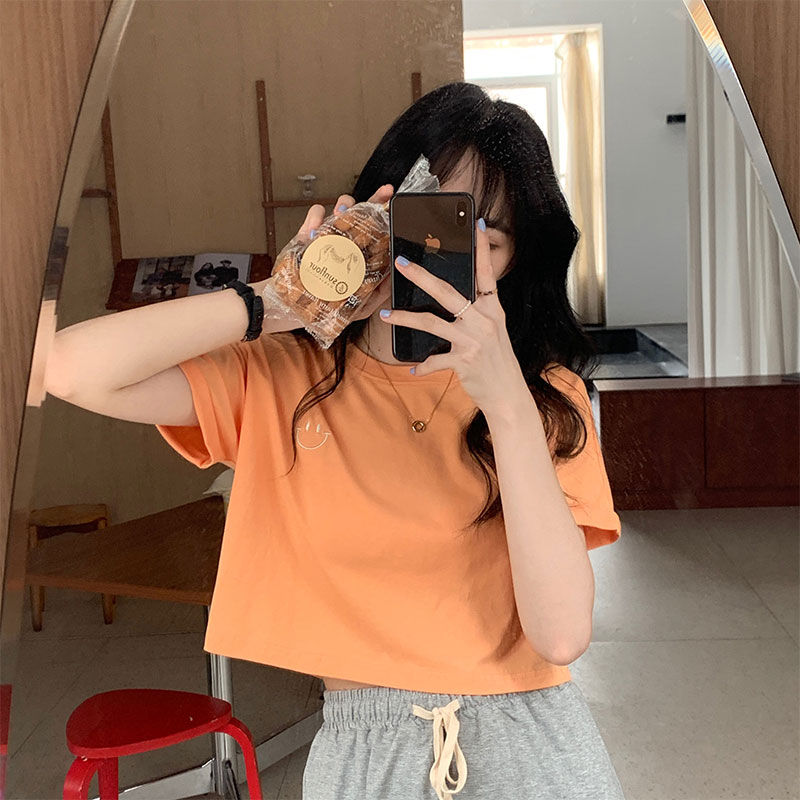 Real shot real shot Korean round neck contrast stripe casual embroidery top open navel short T-shirt
