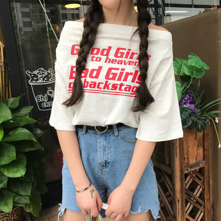 Spring and summer new one neck letter printed short sleeve T-shirt women's Korea ulzzang loose and versatile top