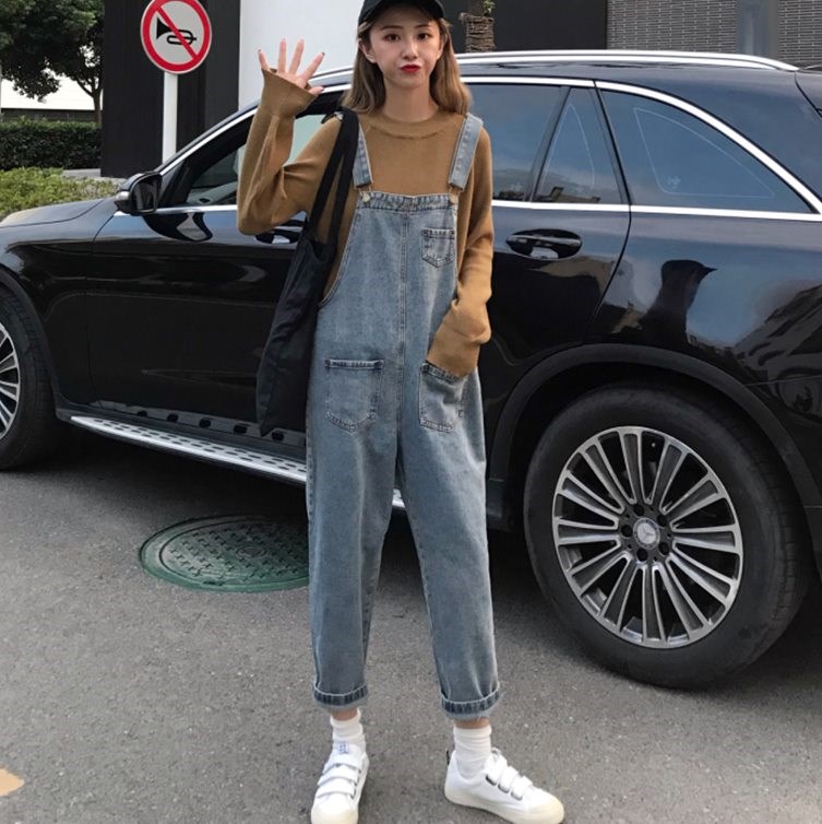 2021 new autumn net red denim suspenders women's Korean version loose, age reducing, thin, small students of Sen women's Department