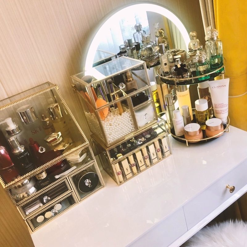 Net red glass cosmetic storage box transparent lipstick skin care products jewelry makeup brush desktop dressing table shelf