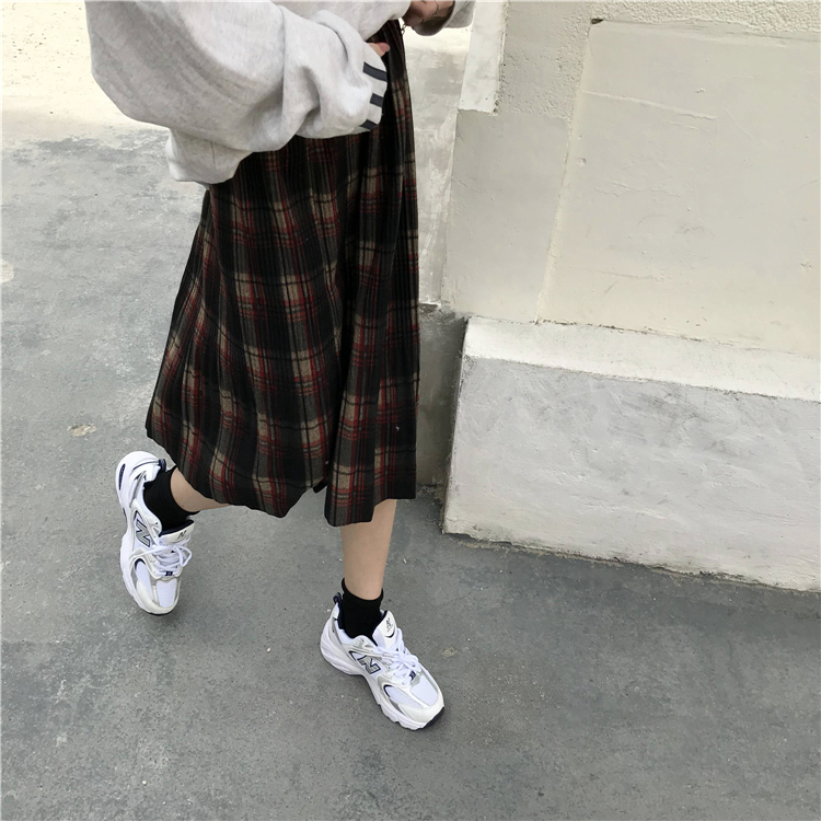 Real price real shot thickening autumn and winter mid length high waisted Plaid pleated skirt A-line long skirt