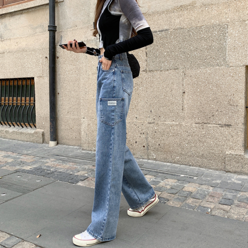 Real price early spring 2021 new bag decoration denim straight loose pants