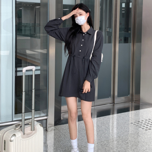 Real shooting of autumn French fried Street dress loose aging drawstring waist Lapel sweater skirt
