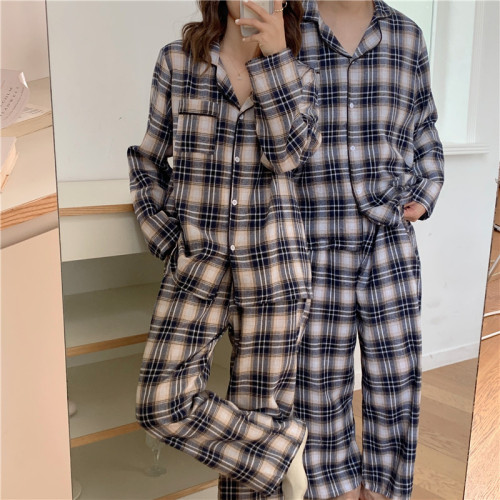 Real price couple autumn and winter Korean frosted checkered home clothes pajama set can be worn out