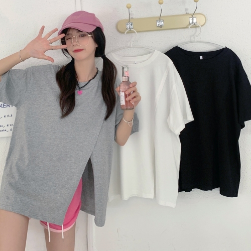 Real Korean model solid color loose split and versatile short sleeve T-shirt