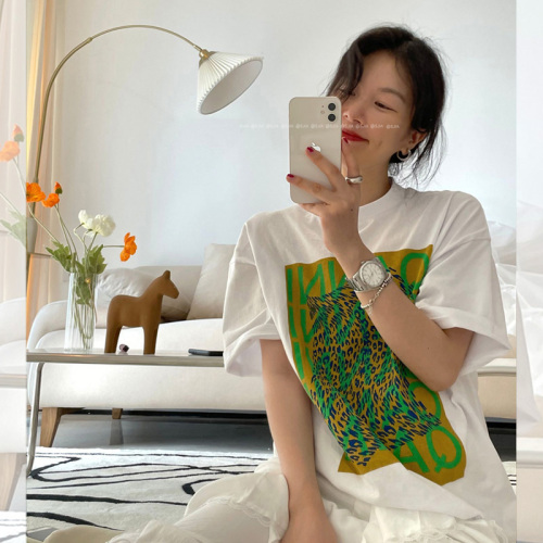Real price original Korean chic letter color contrast printed cotton T-shirt