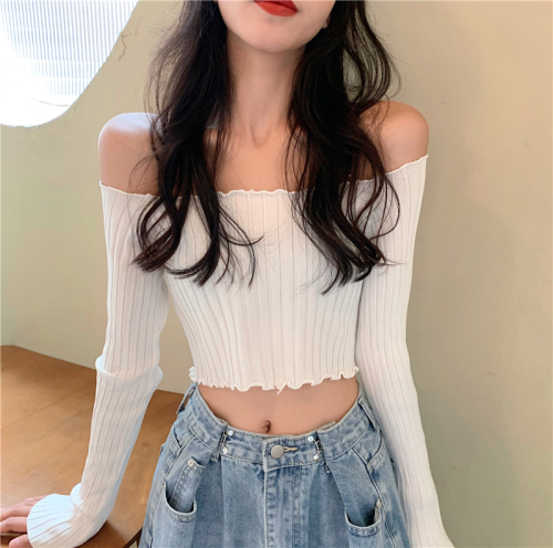 Real shot real price one shoulder top off shoulder collarbone T-shirt high waist short navel exposed long sleeve T-shirt