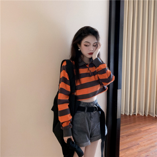 Real Price Colour Stripe Polo Blouse Short Slim Long Sleeve Top
