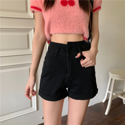 Real price Black Denim Shorts women's summer high waist slim loose wide leg A-line pants