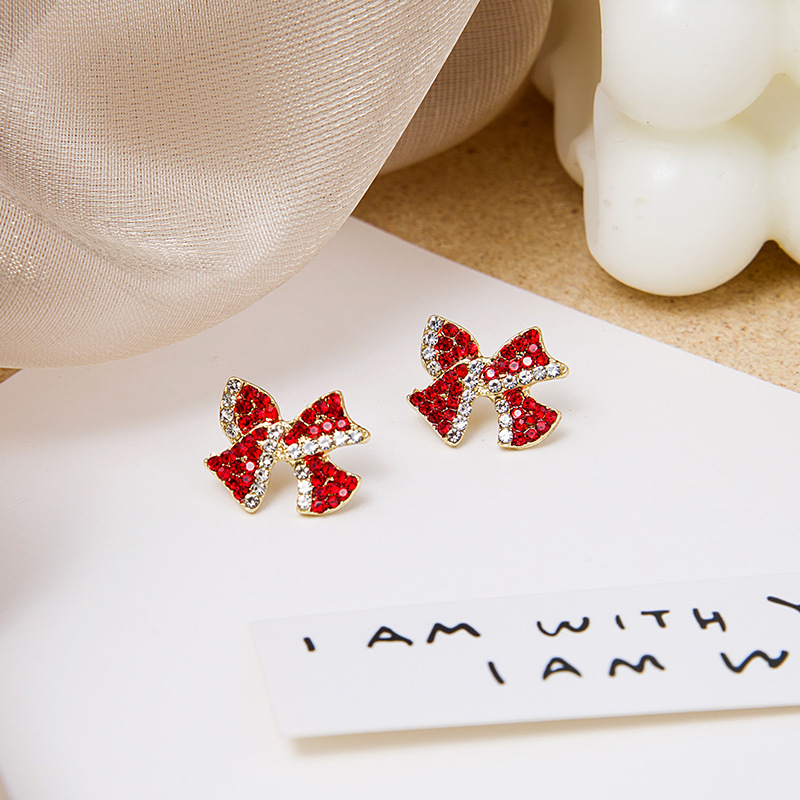 Real shot of South Korea dongdamen sweet and beautiful bow full of diamond earrings silver needle Retro Red Earrings