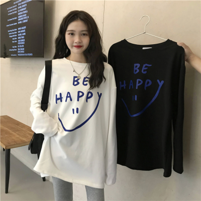 Autumn and winter Korean 2021 new thickened loose medium and long letter printing backing with long sleeve T-shirt for women