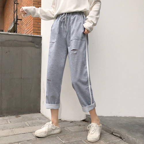 2021 Korean loose straight cropped pants striped stitched holes casual Sweatpants