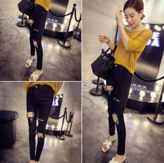 2021 new autumn and winter knee worn holes cowboy female student Leggings pencil pants beggar pants fashion