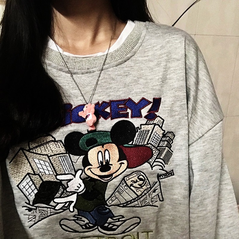 2021 autumn thin sweater Korean Mickey print women's top loose coat 25% cotton