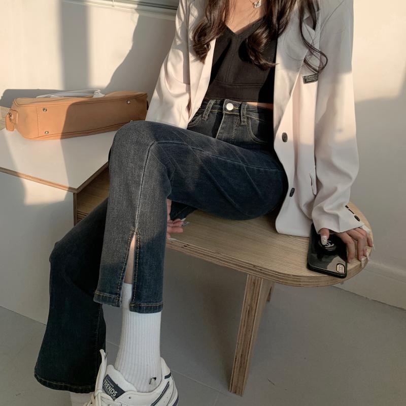2021 autumn new high waist slim versatile split elastic jeans women's straight pants