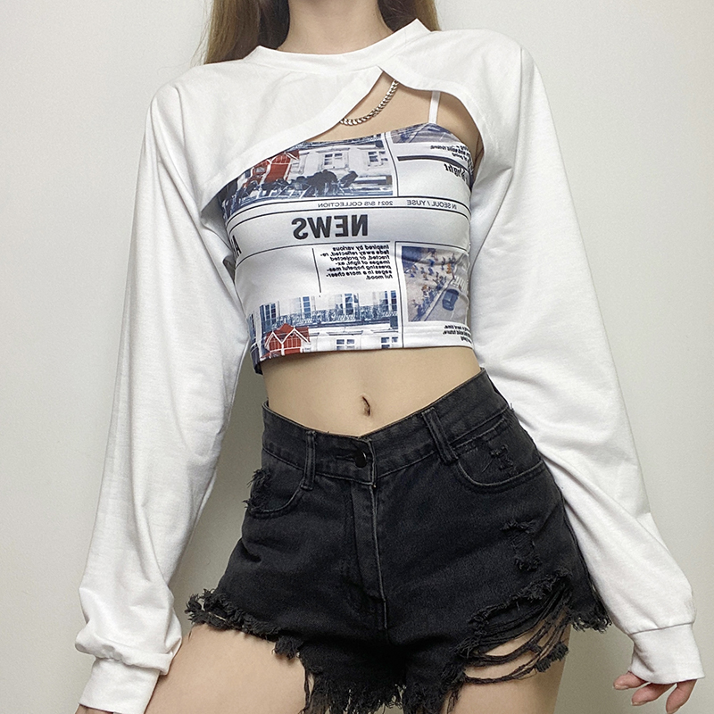 American street wear retro irregular long sleeved T-shirt sling two-piece set for women