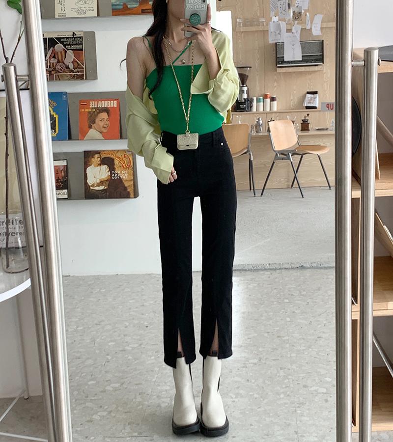 Real shooting and real price new washed high waist jeans in autumn 2021 straight slim fit split pipe pants
