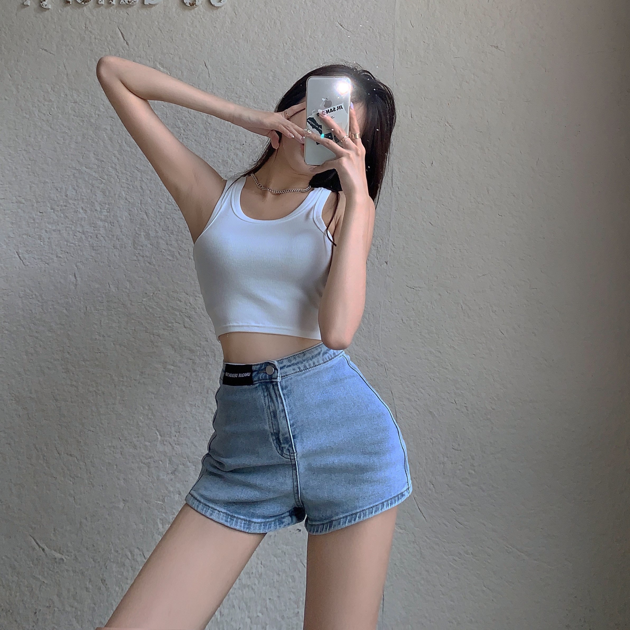 Real price high waisted slim shorts women's trendy and versatile wide leg stretch hot pants slim jeans