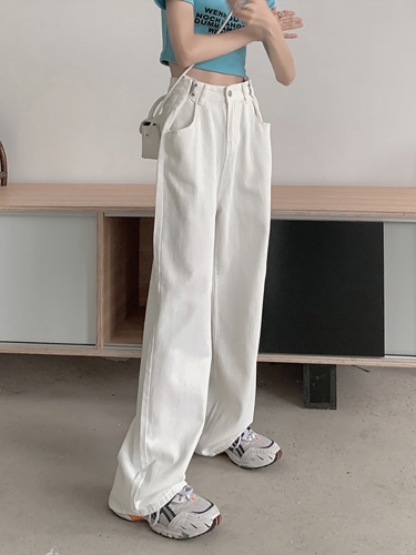 Non real shooting spring and summer high waist white jeans women's loose straight mop pants wide leg long pants