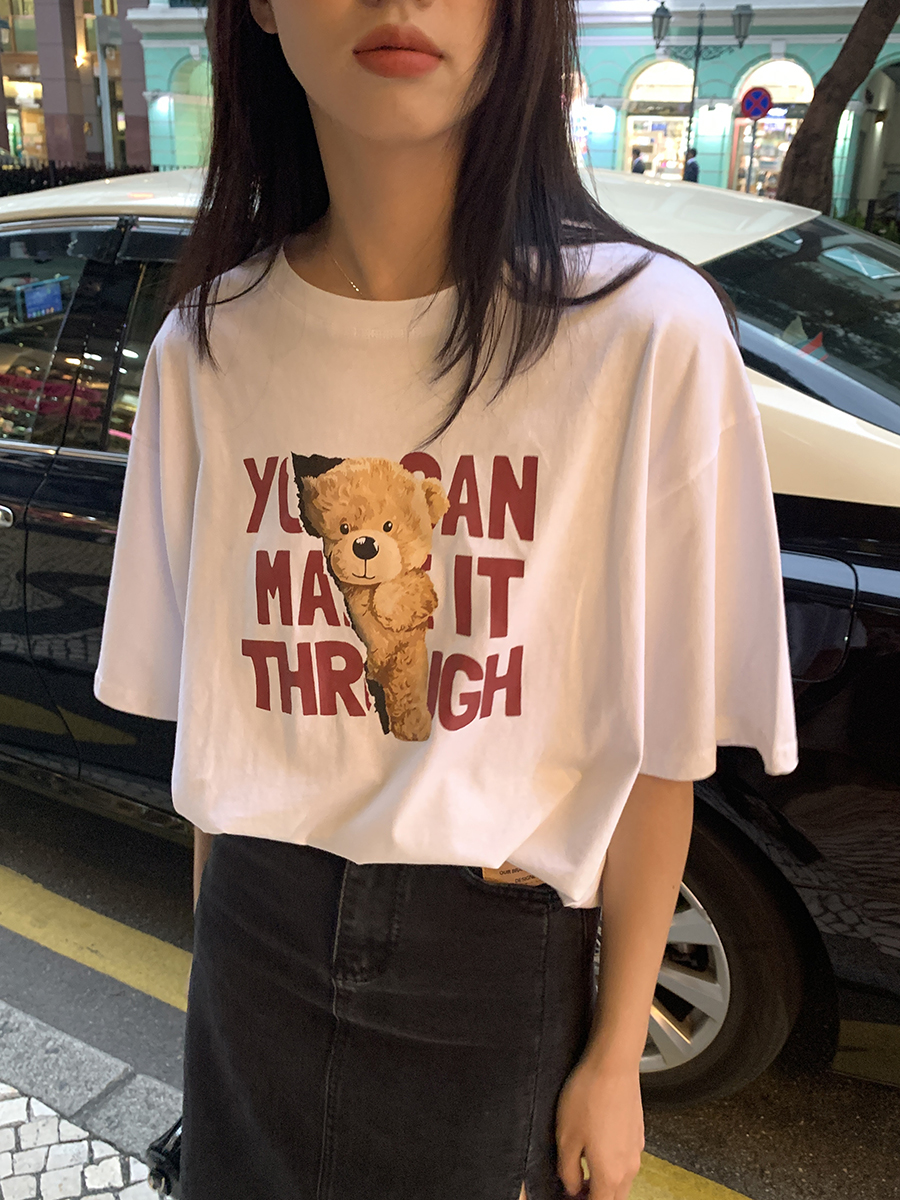 Guantu 2021 new Korean casual loose top bear print short sleeve T-shirt