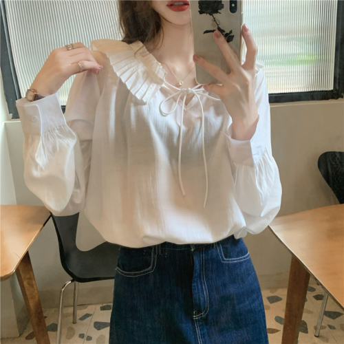 Real price! 2021 Korean stitched pleated baby collar top women's loose bandage V-neck shirt