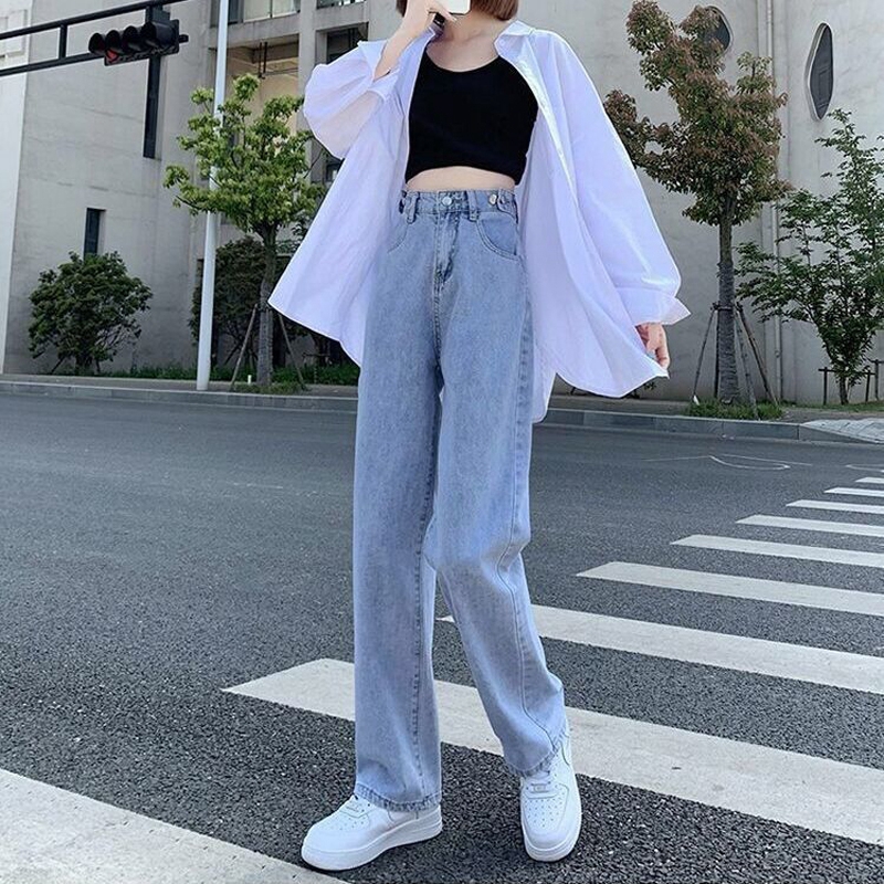 Fig. 2021 new straight jeans women's autumn adjustable high waist loose slim drape wide leg pants