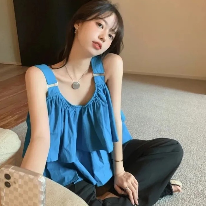 2021 new Korean design, sweet and versatile, double-layer Ruffle suspender vest, women's fashion