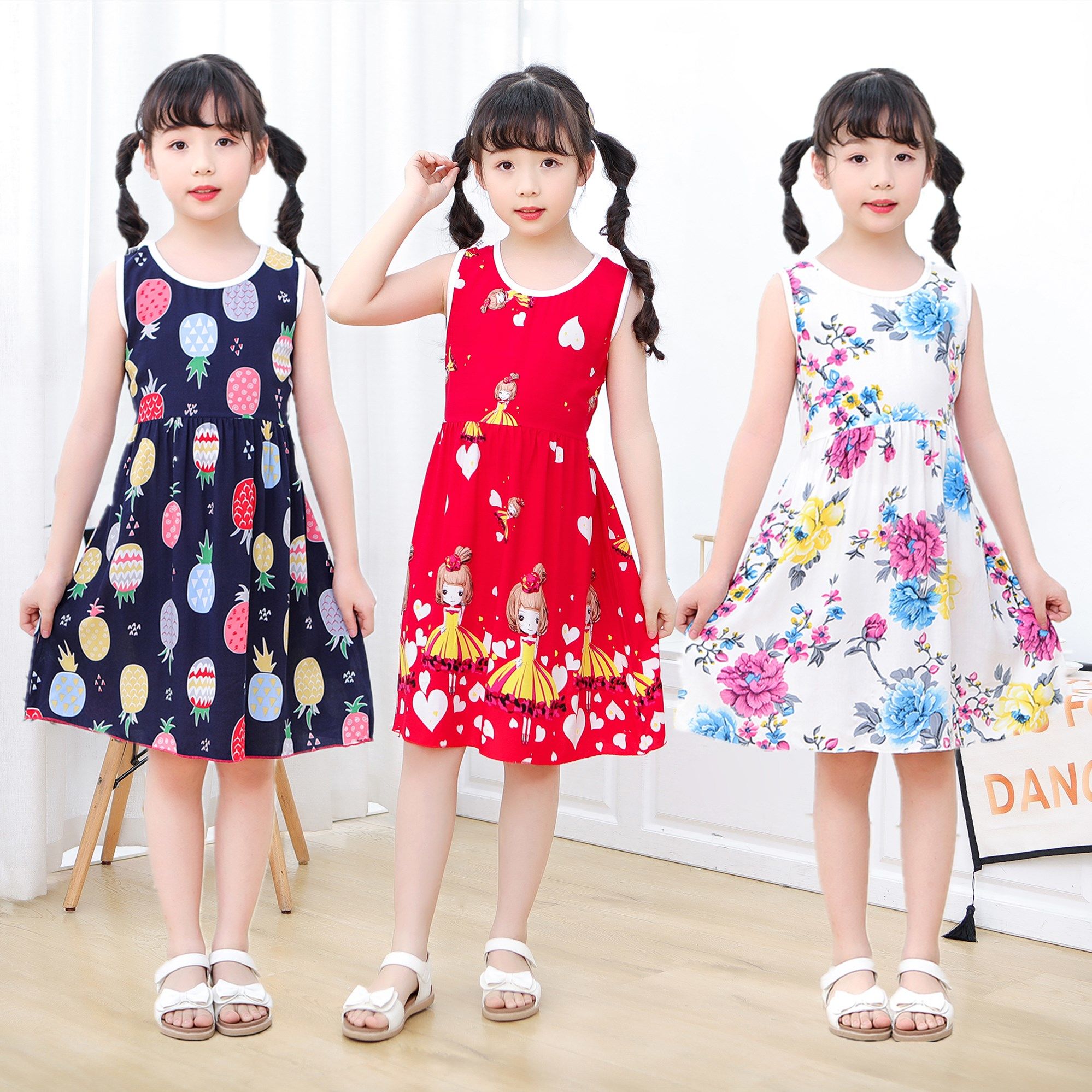 Girls autumn new pajamas dress summer children's dress summer sleeveless pajamas artificial cotton floral skirt