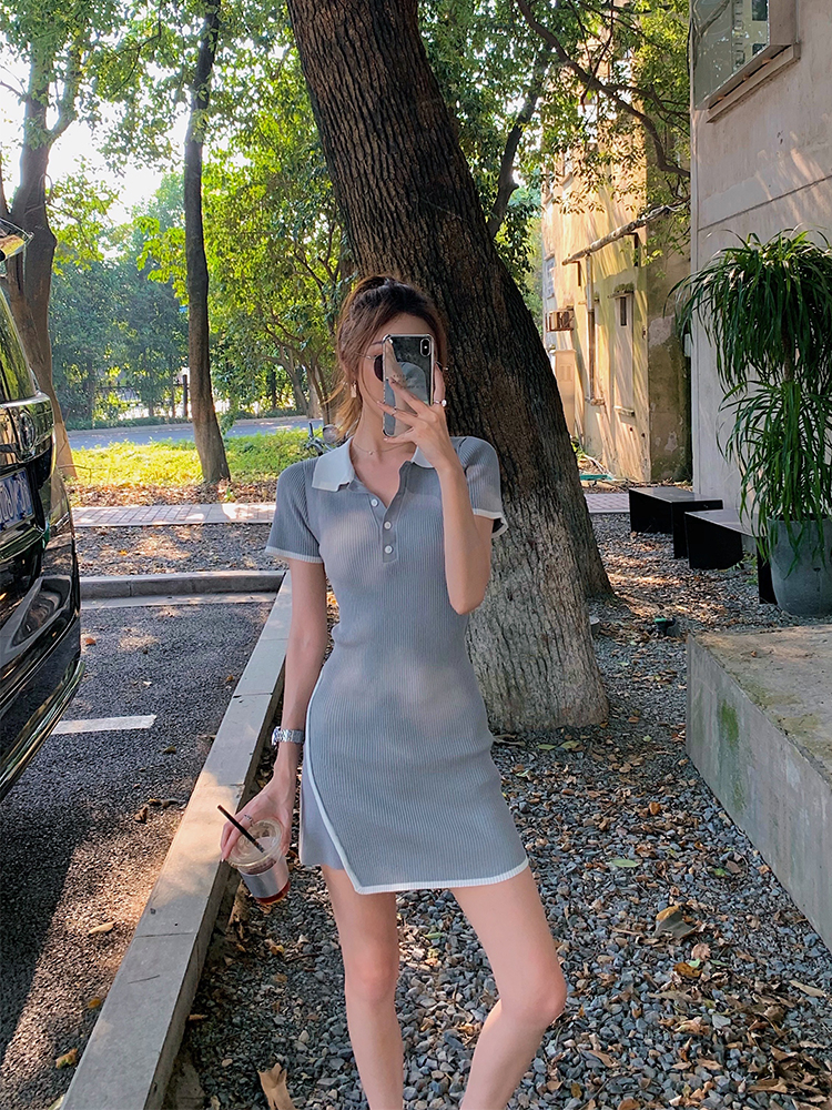 Daxin kiss college style slim polo collar knitted dress women's summer small thin ice silk skirt