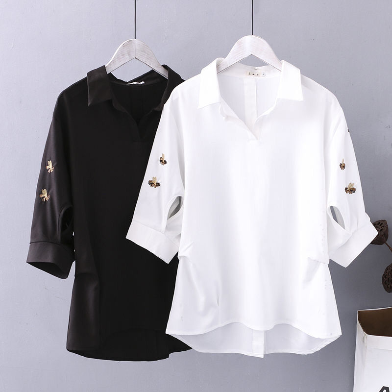 Embroidered shirt women's short sleeve 2020 summer new large women's dress fat mm foreign style thin V-neck chiffon shirt