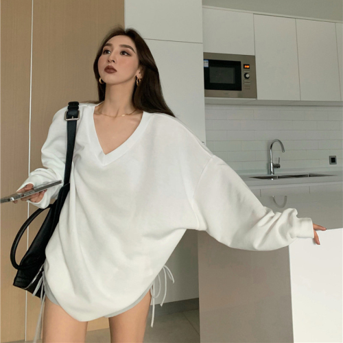 Top women's Harajuku loose oversize casual medium long V-neck thin versatile long sleeve T-shirt
