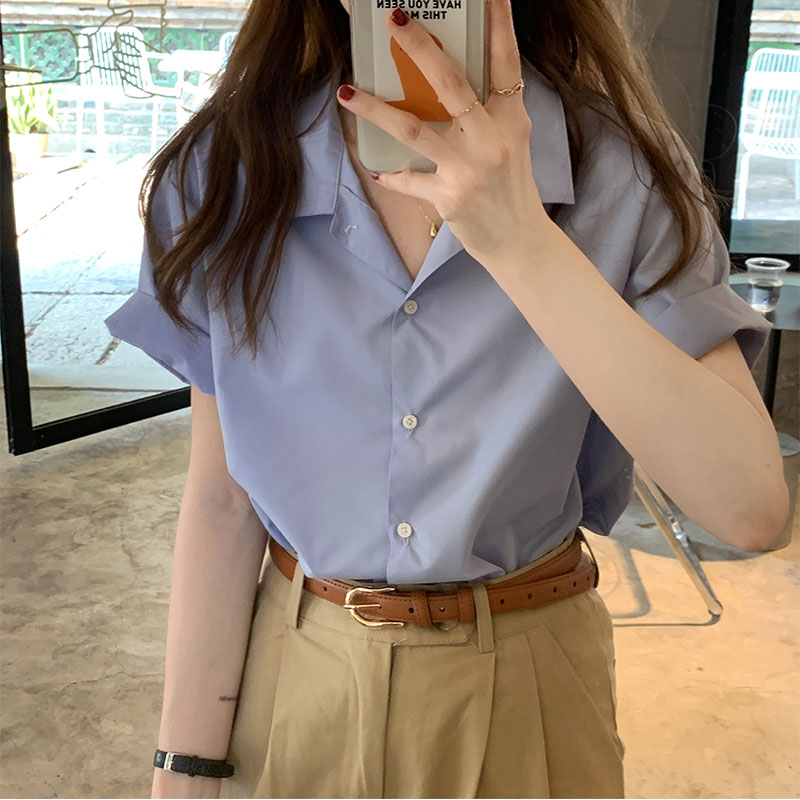 Korean summer Lapel Shirt Short Sleeve solid color loose simple shirt