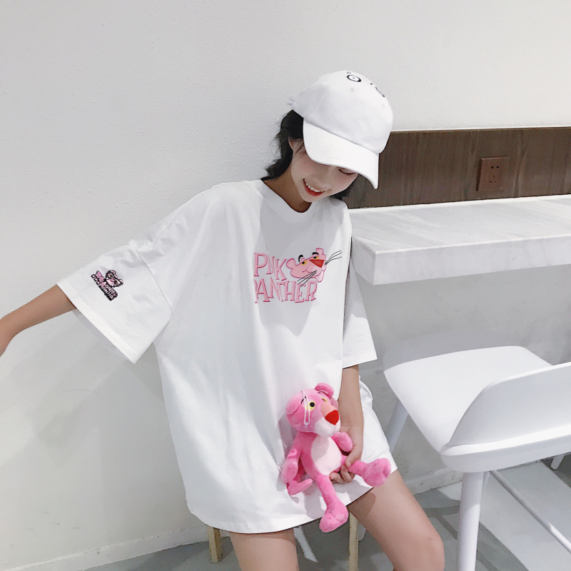 Spring and autumn short sleeve T-shirt for women BF loose medium length cartoon Pink Leopard T-shirt women summer short sleeve chic student top