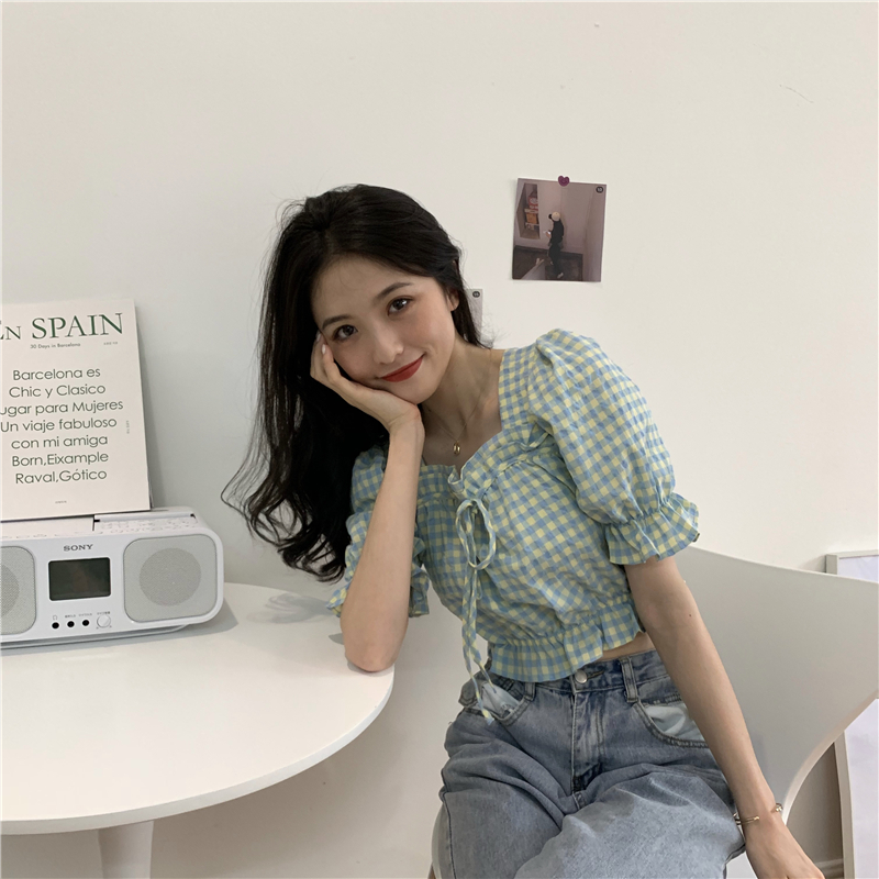 Real photo real price summer new Plaid square collar shirt bubble sleeve short temperament top